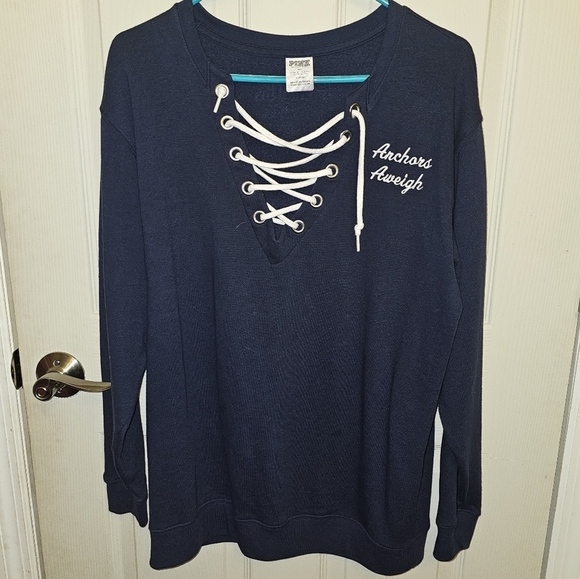 Pink Victorias secret anchor away lace up navy sweater v neck blue Small - Picture 1 of 6